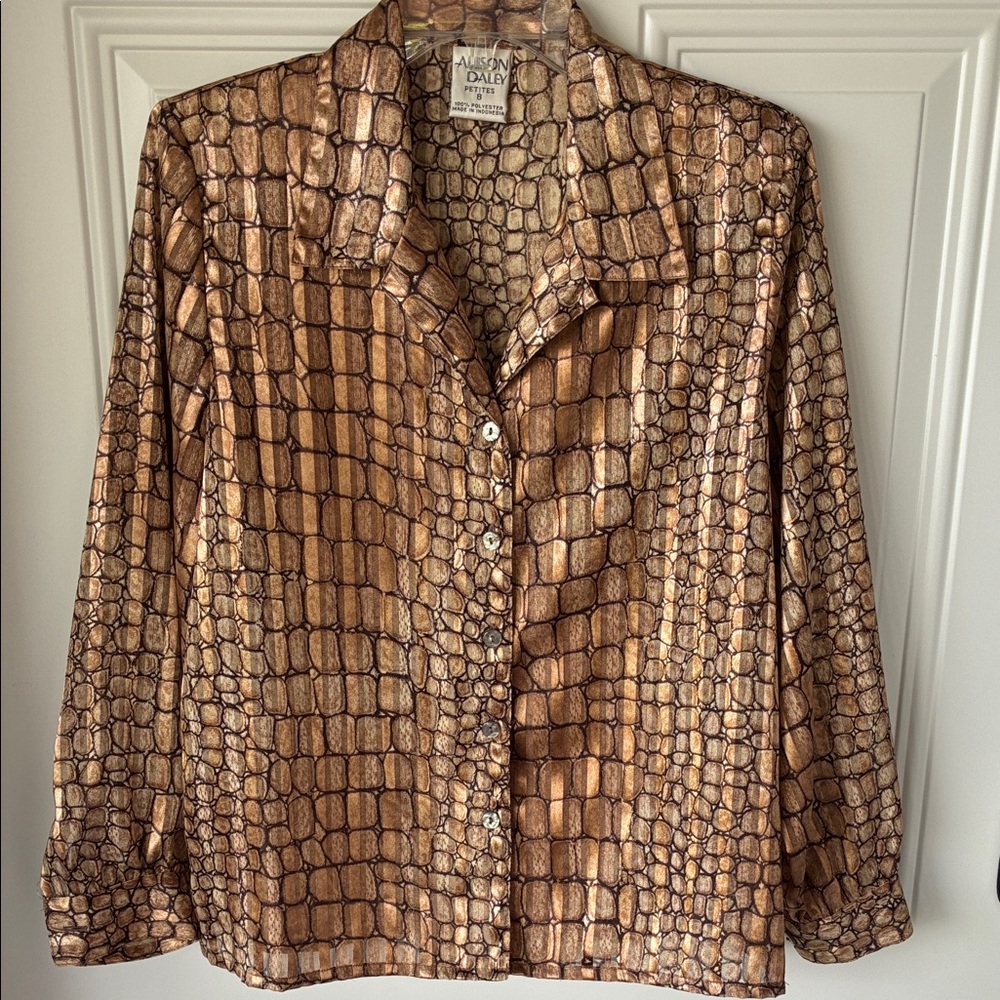 Vintage Allison Daley Metallic Croc-Print Blouse in Gold and Brown